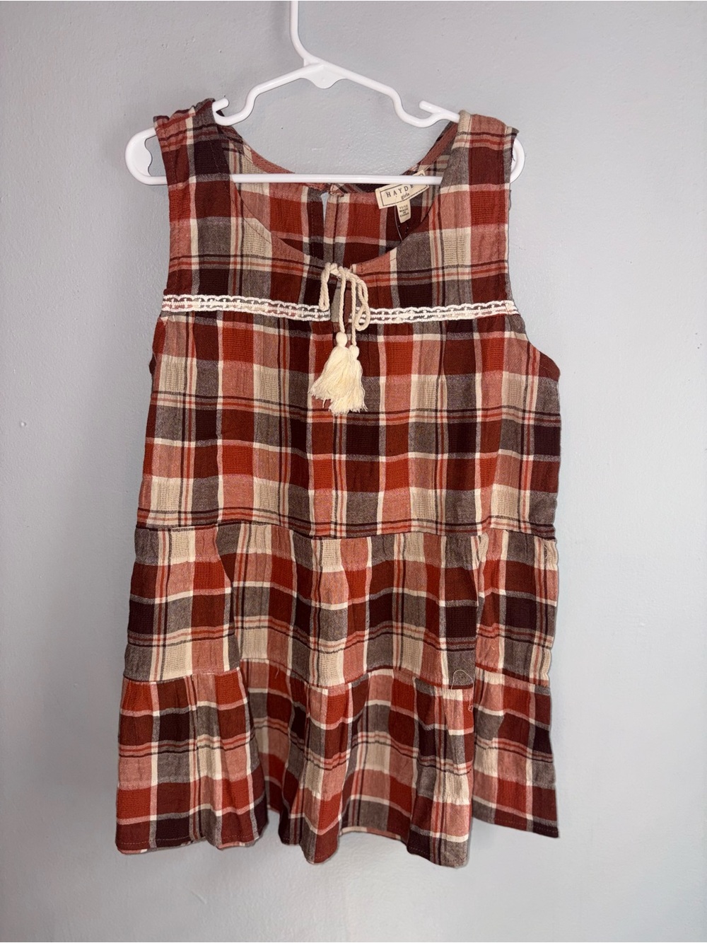 Hayden Girls Rust, Cream, and Brown Plaid Tassel Tiered Dress